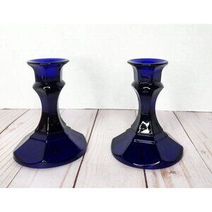 Cobalt Blue Glass Octagon Candlesticks 4.5” Tall Taper Set Of 2 Candleholders
